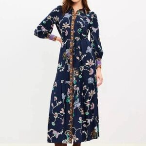 LOFT Navy Button Down Shirt Dress with Multicolor Floral Print
